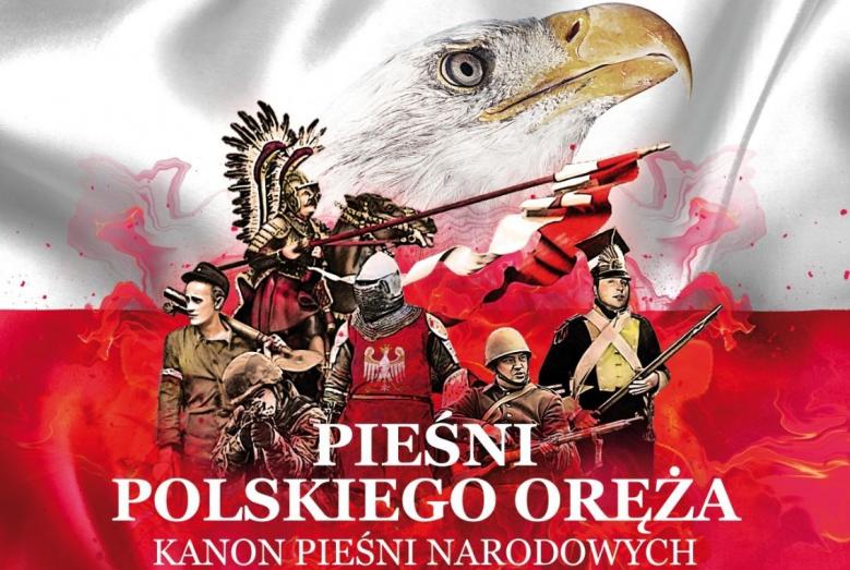 biało-czerwona flaga, żołnierze, orzeł i napis: PIEŚNI POLSKIEGO ORĘŻA KANON PIEŚNI NARODOWYCH