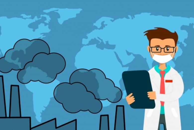 dymiące kominy i mężczyzna w maseczce