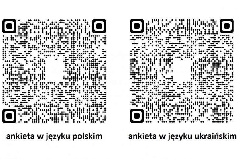 dwa kody QR i napisy: ankieta w języku polskim; ankieta w języku ukraińskim