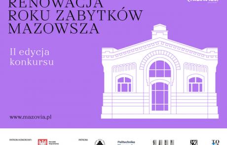 Budynek zabytkowy i napisy: RENOWACJA ROKU ZABYTKÓW MAZOWSZA II edycja konkursu www.mazovia.pl