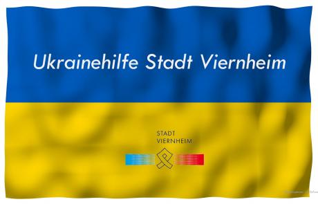 Flaga ukraińska z napisem Ukrainehilfe Stadt Viernheim