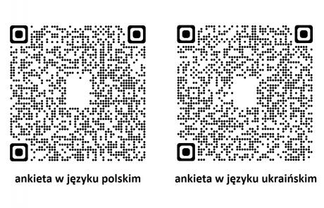 dwa kody QR i napisy: ankieta w języku polskim; ankieta w języku ukraińskim