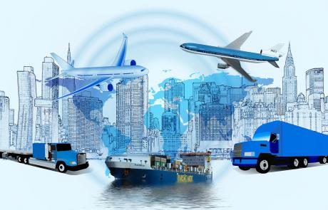 Rysunek miasta, dwóch samolotów, dwóch ciężarówek i statku